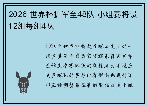 2026 世界杯扩军至48队 小组赛将设12组每组4队