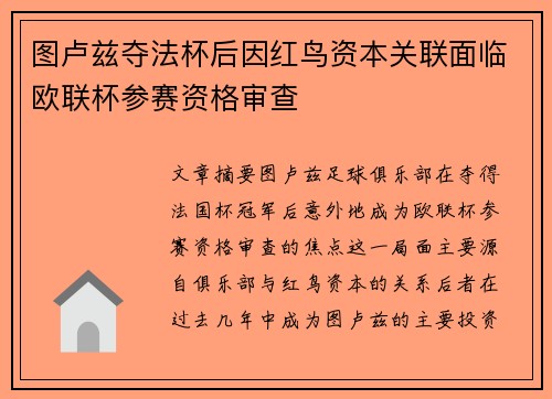 图卢兹夺法杯后因红鸟资本关联面临欧联杯参赛资格审查