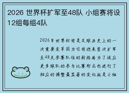 2026 世界杯扩军至48队 小组赛将设12组每组4队